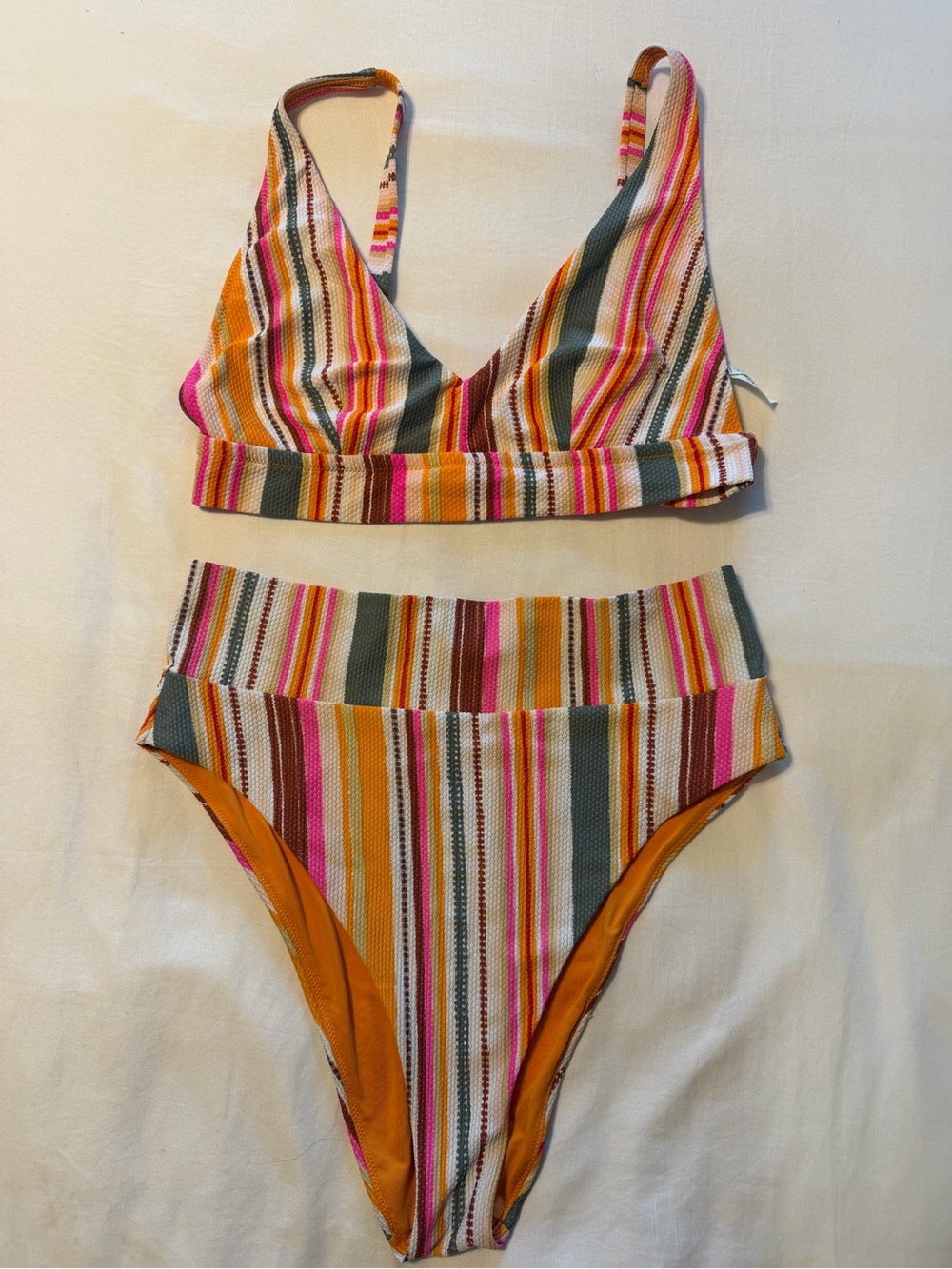 aerie Multicolor Striped Bikini Set - Pink, Orange, Green, White